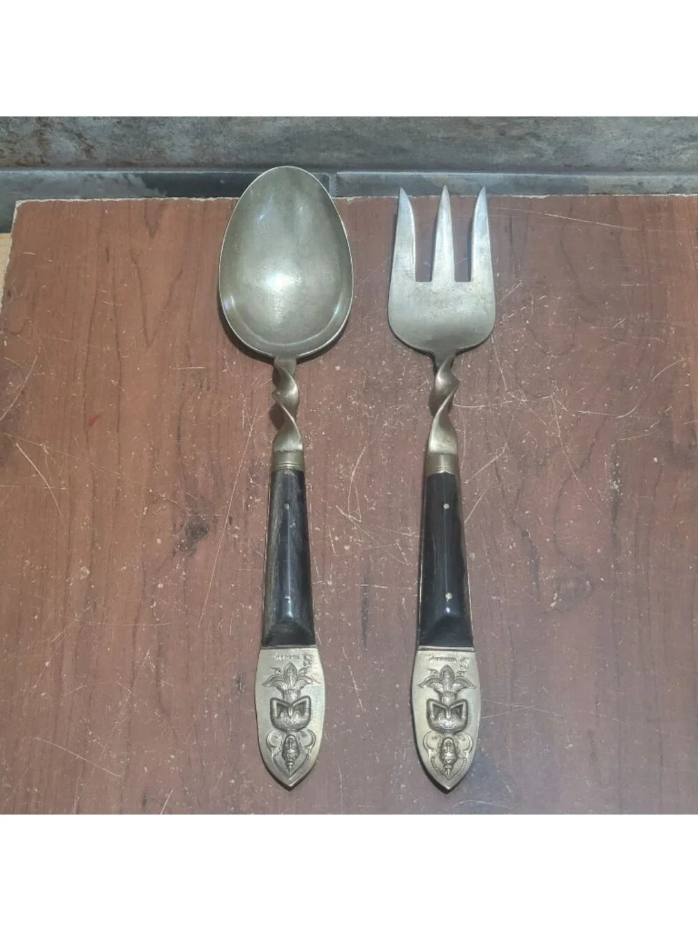 VTG Flatware Salad Servers Brass Bronze Thai Dancer Buddha Motif Stamped S Thail